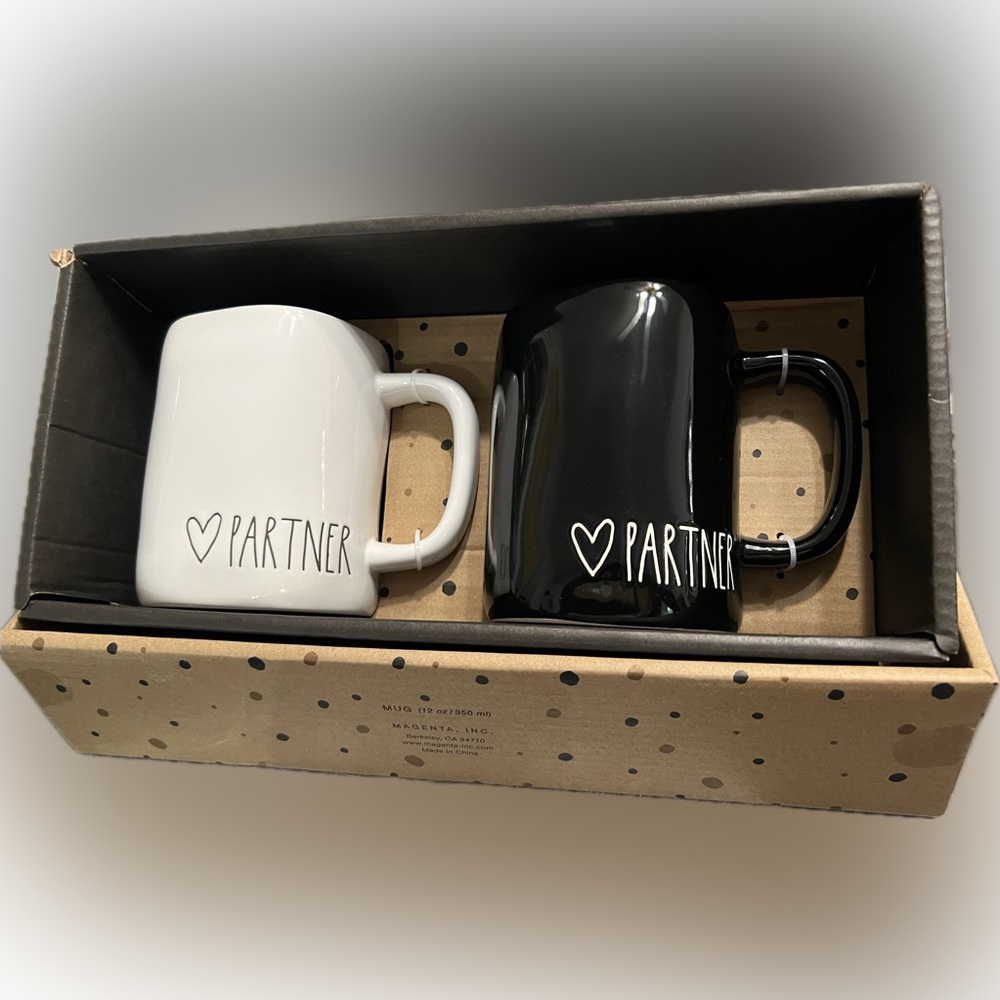 Rae Dunn- NIB -Artisan Collection by Magenta -"❤️ Partner"-Black & White Mug Set